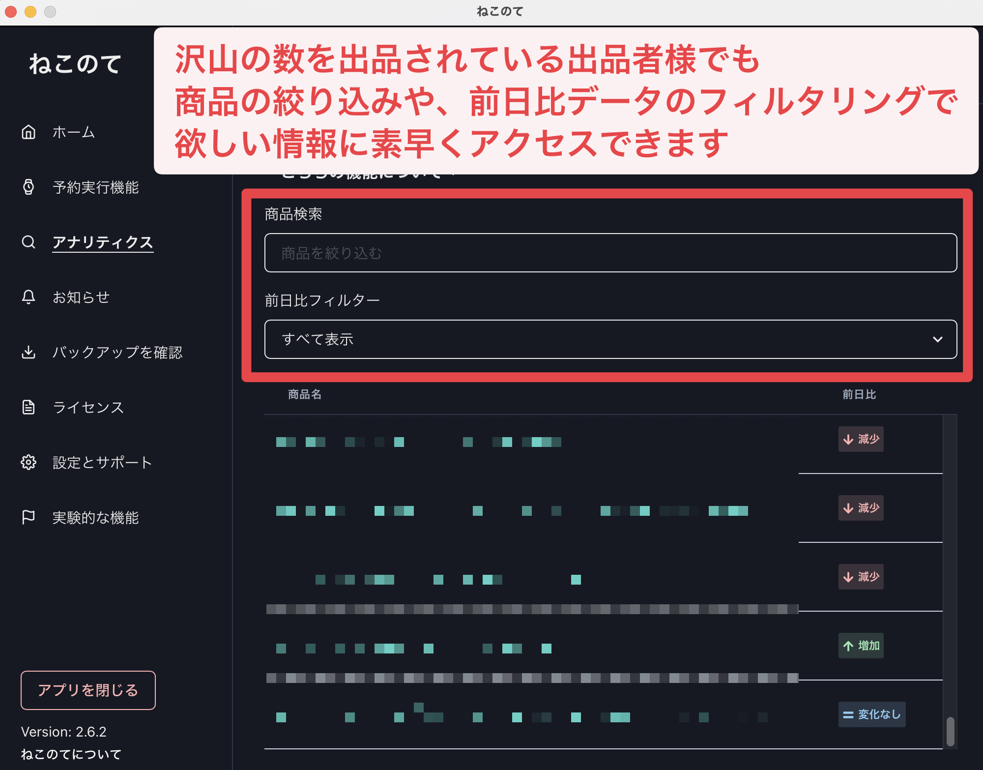 『ねこのて』の画面を用いてアナリティクスを説明している画像