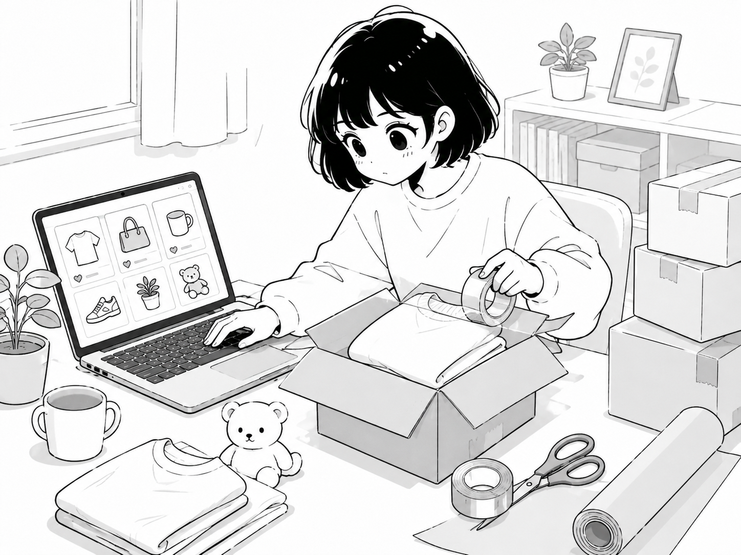 商品ページを見直しながら梱包準備を進めるイメージ
