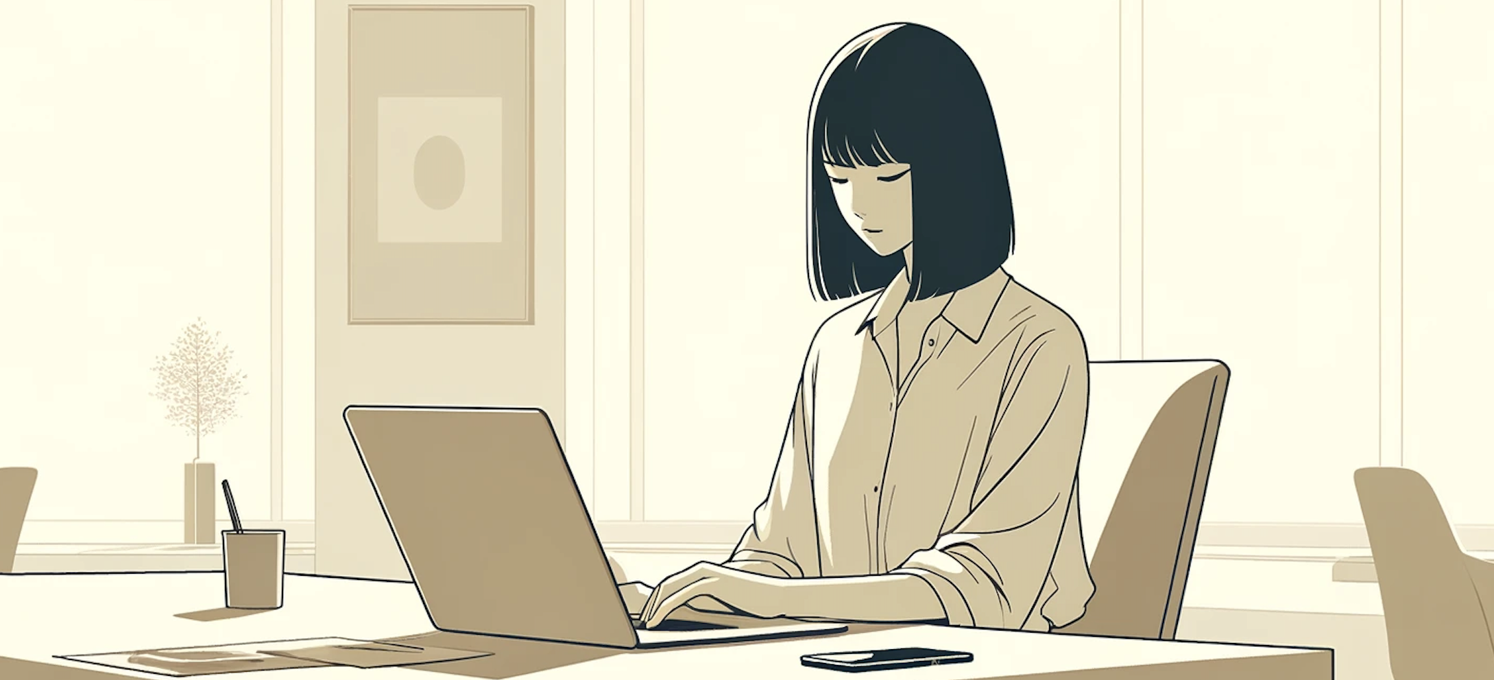 PCに向かっている女性のイラスト