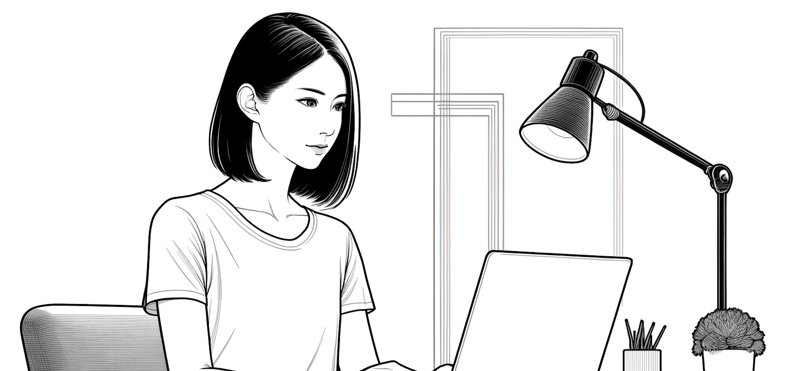 PCに向かっている女性のイラスト